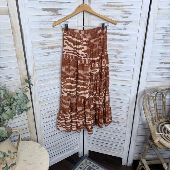 ULLA Johnson 0 Women's 100% Silk Aisa Tiered A Line Midi Skirt Fawn Ikat Print - Picture 4 of 16